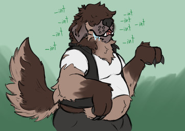 anthro belly belly_peeking_out belt big_belly black_clothing black_jacket black_nose black_pawpads black_topwear bodily_fluids brown_belt brown_body brown_fur brown_hair claws clothed clothing drooling fangs finger_claws floppy_ears front_view fur gloves_(marking) green_background hair hair_over_eyes implied_transformation intelligence_loss jacket male markings mental_transformation moobs navel open_clothing open_jacket open_mouth open_topwear overweight overweight_anthro overweight_male pawpads paws pink_tongue raised_tail saliva shirt simple_background snout solo standing tail teeth thick_thighs three-quarter_view tongue topwear torn_clothing white_clothing white_shirt white_topwear rui_the_sniffer canid canine canis domestic_dog mammal digital_media_(artwork) flat_colors hi_res portrait three-quarter_portrait