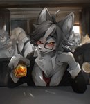 alcohol anthro bar_counter beverage counter countershade_fur countershading drinking_alcohol fur grey_body grey_fur looking_at_viewer male sitting solo white_body white_countershading yamakikei canid canine canis mammal wolf absurd_res hi_res