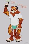 black_sclera bulge claws clothing dialogue fluffy fur handpaw horn male mostly_clothed orange_body orange_fur paws red_body red_fur shirt solo standing stripes text tired topwear tuft underwear white_body white_fur koorivlf koorivlf_tycoon felid hybrid mammal pantherine procyonid raccoon tiger 2:3 digital_media_(artwork) english_text full-length_portrait hi_res meme portrait signature