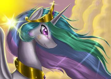 blue_hair cloud collar crown cutie_mark feathered_wings feathers female feral fur green_hair hair headgear horn long_hair multicolored_hair nude outside purple_eyes purple_hair side_view sky smile solo sun white_body white_feathers white_fur wings doomthewolf friendship_is_magic hasbro my_little_pony mythology princess_celestia_(mlp) equid equine mammal mythological_creature mythological_equine winged_unicorn 2013
