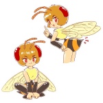 1:1 animal_humanoid arthropod arthropod_humanoid bee_humanoid blonde_hair crossed_legs female hair humanoid hymenopteran hymenopteran_humanoid insect insect_humanoid looking_back pukao red_eyes simple_background sitting smile solo stinger stripes white_background young