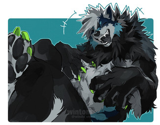 anthro black_body black_fur black_nose black_pawpads black_tongue blue_body blue_fur claws countershade_fur countershading eyes_closed fur green_claws happy male muscular nude nude_anthro open_mouth pawpads paws simple_background smile solo teeth text tongue white_body white_fur wintom ledo_(wintom) canid canine canis mammal wolf artist_name digital_media_(artwork) hi_res watermark