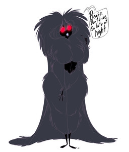 big_breasts breasts female fluffy fur glowing glowing_eyes grey_body grey_fur grey_hair hair lipstick long_hair makeup mature_female midriff not_furry open_mouth red_eyes solo speech_bubble standing text wide_hips slb mothman mothmom_(slb) cryptid humanoid monster 2015 english_text hi_res