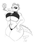 alternative_fashion anthro big_breasts breast_squish breasts choker clothed clothing female goth huge_breasts jewelry necklace non-mammal_breasts panties smoke smoking solo squish thick_thighs underwear dpronin night_in_the_woods bea_santello alligator alligatorid crocodilian reptile scalie monochrome