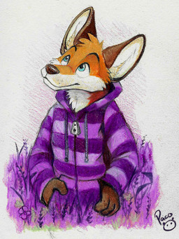 anthro blue_eyes brown_nose cheek_tuft clothed clothing facial_tuft flower front_view fur glistening glistening_eyes hand_in_pocket head_tuft inner_ear_fluff jacket logo looking_up male male_anthro mouth_closed orange_body orange_fur plant pockets purple_clothing purple_flower purple_jacket purple_topwear solo topwear tuft white_body white_fur white_inner_ear_fluff young young_anthro young_male pandapaco canid canine fox mammal red_fox true_fox artist_logo colored_pencil_(artwork) hi_res portrait signature three-quarter_portrait traditional_media_(artwork)