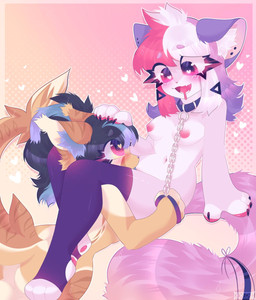anthro big_breasts blush breasts butt chain clothing collar duo ear_piercing female female/female fur hair hand_on_head heart_symbol leash leash_pull legwear nipples nude open_mouth oral paws piercing smile stockings tail thigh_highs tongue tongue_out conditional_dnp dexechii nova_(dexechii) domestic_cat felid feline felis hybrid mammal mustelid musteline true_musteline weasel digital_media_(artwork) hi_res