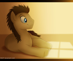 blue_eyes brown_body brown_fur brown_hair feral fur hair lying male on_side quadruped simple_background smile solo text mn27 friendship_is_magic hasbro my_little_pony doctor_whooves_(mlp) earth_pony equid equine horse mammal pony 2011 source_request url warm_colors
