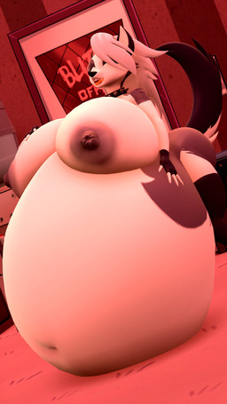 4_fingers anthro areola belly belly_on_ground big_belly big_breasts black_body black_fur breasts butt clothing collar female fingerless_gloves fingers fur gloves grey_areola grey_hair grey_nipples hair hand_on_belly hand_on_breast handwear huge_belly huge_breasts hyper hyper_belly nipples open_mouth orange_tongue resting_on_belly solo spiked_collar spikes tail tongue white_body white_fur coriponer aeridiccore_(modeler) hellaverse helluva_boss mythology loona_(helluva_boss) canid canid_demon canine demon hellhound mammal mythological_canine mythological_creature 2022 3d_(artwork) 4k 9:16 absurd_res digital_media_(artwork) hi_res