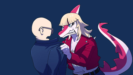 aggressive angry anthro bald biped blonde_hair blue_clothing blue_eyes blue_jacket blue_topwear bone_frill bottomwear breasts clothed clothing denim denim_bottomwear denim_clothing duo eyewear female fingers frill_(anatomy) glaring_at_another hair humanoid_hands jacket jeans long_hair long_tail looking_at_another male male/female non-mammal_breasts open_clothing open_jacket open_topwear pants red_clothing red_jacket red_topwear shirt shirt_grab simple_background spiked_tail spikes spikes_(anatomy) sunglasses tail topwear transparent_background white_clothing white_shirt white_topwear sebek_fereh_ra cavemanon_studios i_wani_hug_that_gator inco_(iwhtg) mia_moretti dinosaur hadrosaurid human mammal ornithischian ornithopod parasaurolophus prehistoric_species reptile scalie 16:9 alpha_channel colored hi_res shaded widescreen