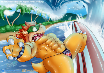 abs anthro beach beard blue_eyes bracelet facial_hair green_body green_scales hair jewelry male muscular muscular_anthro muscular_male open_mouth orange_beard orange_facial_hair orange_hair palm_tree pecs plant scales scared sea simple_background spiked_bracelet spikes string_panties surf surfboard surfing text tree water wave wet wet_body wet_scales yellow_body ben_d_koopa benediktus_(artist) mario_bros nintendo benediktus_darius_koopa banzai_bill koopa scalie 2026 digital_drawing_(artwork) digital_media_(artwork) hi_res shaded signature simple_shading