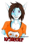 anthro bared_teeth blue_body blue_skin bone breasts brown_hair cleavage clothed clothing female gills hair non-mammal_breasts orange_clothing purple_eyes showing_teeth simple_background skull smile solo white_body spike_the_furry geometry_dash dysbelief_shark_real fish marine shark hi_res watermark