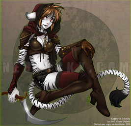 boots bottomwear breasts brown_hair cloak clothing dagger female footwear gabbie hair high_heeled_boots high_heels hood legwear leucistic looking_at_viewer melee_weapon navel red_eyes shoes shorts solo stockings stripes sword tail thigh_boots thigh_highs tomboy weapon luckypan felid mammal pantherine tiger 2009 watermark