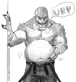 anthro belly belt big_belly bloated bottomwear burping clothing male muscular muscular_male open_belt pants sharp_teeth solo teeth verzisphere batman_(series) dc_comics killer_croc crocodile crocodilian reptile scalie hi_res monochrome