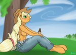 anthro applejack_(mlp) blush breasts calm casual_exposure clothed clothing edgarkingmaker female friendship_is_magic hasbro my_little_pony nipples sitting solo tagme topless