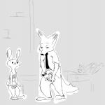 anthro bed black_nose bottomwear clothed clothing crotch_head eyebrows eyelashes female furniture group male necktie pants pillow shirt standing topwear underwear what replytoanons disney zootopia judy_hopps nick_wilde canid canine fox lagomorph leporid mammal rabbit red_fox true_fox 1:1 monochrome