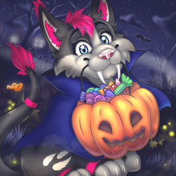anthro blue_eyes candy dessert female food fruit hair holidays night pink_hair plant pumpkin solo naoto halloween bat felid mammal prehistoric_species saber-toothed_tiger vampire 1:1 absurd_res digital_media_(artwork) hi_res