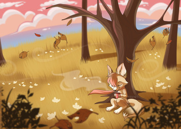 ambiguous_gender anthro cloud container cup detailed_background digitigrade feet flower grass handpaw head_tuft hindpaw inner_ear_fluff leg_markings markings mostly_nude mug outside paws plant scarf scarf_only sky snout socks_(marking) solo steam tree tuft wind ezpups canid canine fennec_fox fox mammal true_fox 2020 hi_res