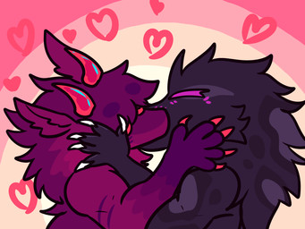 5_fingers anthro claws crystal crystal_horn duo fingers fur grey_spots heart_(marking) horn interspecies kiss_on_lips kissing male male/male mane markings patterned_fur pink_background pseudo_horn purple_body purple_fur red_body red_claws red_crystal red_fur red_horn simple_background spots spotted_body spotted_fur striped_body striped_fur stripes white_background white_claws fahrenheit_(artist) kaiju_paradise felid feline gootraxian hebi_(kaiju_paradise) hybrid lizard mammal manic_(kaiju_paradise) reptile scalie snake 2023 4:3 digital_drawing_(artwork) digital_media_(artwork)