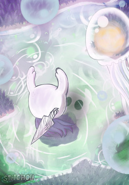 2_horns ambiguous_gender anthro biped black_eyes bubble cloak clothed clothing duo empty_eyes feral glistening horn looking_at_reflection looking_down melee_weapon nail_(weapon) reflection solo_focus standing text water water_reflection weapon weapon_on_back stitchou hollow_knight_(franchise) team_cherry the_knight_(hollow_knight) aquatic arthropod cnidarian jellyfish medusozoan vessel_(species) 2026 absurd_res artist_name english_text hi_res