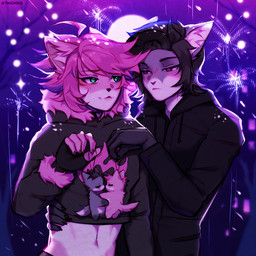 ahoge anthro black_body black_clothing black_fur black_gloves black_hair black_handwear black_nails blue_eyes blush blush_lines branch clothing colored_nails cropped_hoodie duo eye_contact facial_markings female fireworks fluffy_clothing fur gloves green_eyes grey_body grey_ears grey_fur hair hand_around_waist handwear head_markings hoodie hug inner_ear_fluff looking_at_another magenta_eyes male markings midriff nails park pink_body pink_ears pink_fur pink_hair pink_wrist_warmers pink_wrist_wear print_clothing print_hoodie print_topwear purple_background red_eyes romantic romantic_couple simple_background topwear toy tuft white_body white_fur white_inner_ear white_inner_ear_fluff wrist_warmer wristwear tikki-hiko ashley_starflare_(sonadourge) sona_(sonadourge) felid feline humanoid mammal 1:1 cool_colors digital_drawing_(artwork) digital_media_(artwork) purple_theme shaded