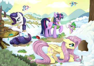 bowl clothing cloud container female feral group horn male snow topwear vest wings winter_wrap_up fire_larsson friendship_is_magic hasbro my_little_pony mythology fluttershy_(mlp) rainbow_dash_(mlp) rarity_(mlp) spike_(mlp) twilight_sparkle_(mlp) dragon equid equine mammal mythological_creature mythological_equine mythological_scalie pegasus scalie unicorn