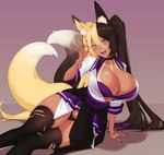 2_tails alternative_fashion amesuku_gyaru animal_ears big_breasts black_clothing black_legwear black_thigh_highs black_thong black_underwear blonde_hair blush bottomwear bra bracelet breasts brown_body brown_fur brown_hair cleavage clothed clothing colored_nails dark_body dark_skin dipstick_tail eyelashes female fur gesture gyaru hair huge_breasts j-fashion jewelry legwear long_hair long_nails looking_at_viewer lying markings miniskirt multi_tail nails on_side open_mouth open_smile piercing purple_background purple_bottomwear purple_bra purple_clothing purple_eyes purple_nails purple_skirt purple_underwear ring sharp_teeth simple_background skirt smile solo square_nails suntan tail tail_markings tan_line teeth thick_thighs thigh_highs thong tongue tongue_out tongue_piercing topwear torn_thigh_highs twintails_(hairstyle) underwear white_body white_clothing white_fur white_topwear wide_hips yellow_body yellow_fur n0r0 aife animal_humanoid canid canid_humanoid canine canine_humanoid fox_humanoid humanoid mammal mammal_humanoid tailed_humanoid hi_res