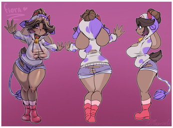 anthro bell bell_collar belly big_breasts blouse blush boots border bottomwear breasts brown_body brown_fur brown_hair clothing collar cow_clothing female footwear fur hair happy legwear neckline nipple_outline one_eye_closed pink_stockings purple_eyes red_boots red_clothing red_footwear shoes short_hair shorts small_waist solo stockings thick_thighs tight_clothing topwear torn_clothing white_border wide_hips wink macarroni fiora_(melleacomic) lagomorph leporid mammal rabbit hi_res model_sheet