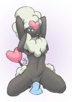 anthro bedroom_eyes black_body bodily_fluids breasts dildo dildo_sitting female fur genital_fluids genitals hands_behind_head heart_symbol narrowed_eyes nipples penetration pose pussy seductive sex_toy smile solo vaginal_fluids white_body white_fur sekutsune nintendo pokemon furfrou generation_6_pokemon heart_trim_furfrou pokemon_(species) pinup