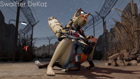 anthro blonde_hair clothing cowgirl_position dominant dominant_female duo female from_front_position fur hair handwear legwear lying male male/female mask on_back on_bottom on_top orange_clothing piercing sex spread_legs spreading stockings submissive submissive_male topwear vest weapon white_body white_fur yellow_body yellow_fur swalfter_dekat valorlynz_(modeler) arknights hypergryph mihoyo studio_montagne zenless_zone_zero aak_(arknights) pulchra_(valorlynz) pulchra_fellini felid feline felis mammal sand_cat thiren 3d_(artwork) 3d_animation animated blender_(artwork) blender_cycles_(artwork) digital_media_(artwork) hi_res huge_filesize short_playtime video