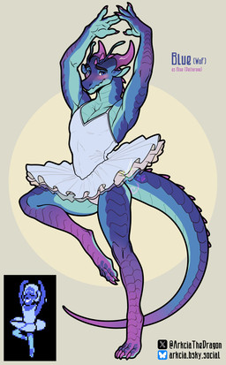anthro anthrofied blue_body blue_eyes blue_scales blush bottomwear claws clothing countershade_torso countershading dancewear digitigrade duo finger_claws horn looking_at_viewer male purple_body purple_scales raised_leg scales simple_background skirt snout tail text toe_claws tutu yellow_background arkcia deltarune mythology undertale_(series) wings_of_fire blue_(deltarune) blue_(wof) dragon mythological_creature mythological_scalie scalie silkwing_(wof) wingless_dragon 2026 hi_res signature url