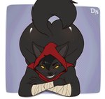 anthro ass_up bedroom_eyes big_butt black_body black_fur black_hair bodily_fluids butt fluffy fluffy_tail front_view fur grin hair hand_wraps huge_butt looking_at_viewer male narrowed_eyes seductive smile solo sweat sweaty_butt tail wraps yellow_eyes derickk76 derick_(derickk76) canid canine canis mammal wolf absurd_res hi_res