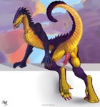 abstract_background anthro claws cloud dark_body fangs genitals male outside paws penis pose purple_body raised_tail red_eyes scales sexy_eyes simple_background solo spiked_penis spikes spikes_(anatomy) tail tail_motion tailwag teeth toe_claws tongue tongue_out yellow_body diorionarh mythology dragon lizard mythological_creature mythological_scalie reptile scalie hi_res pinup