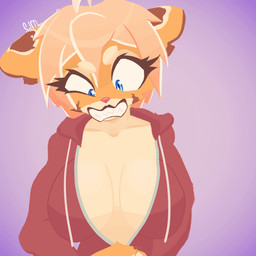 4_fingers ahoge airplane_ears angry anthro big_breasts blue_eyes breast_squish breasts brown_markings brown_stripes cleavage clothed clothing collarbone countershading cross-popping_vein drawstring_topwear eyebrows eyelashes female fingers fur hair highlights_(coloring) hoodie long_eyelashes markings orange_body orange_fur pink_hair red_clothing red_topwear sharp_teeth short_hair solo squish stripes teeth topwear white_highlights white_sclera zipper selfdestructking fragola_(selfdestructking) felid mammal pantherine tiger 1:1 animated hi_res loop