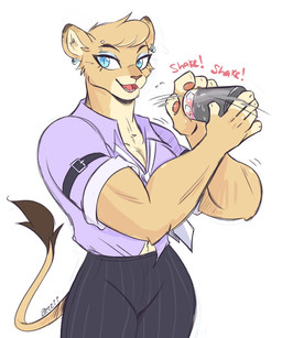 anthro arm_belt barbell_piercing biceps blue_eyes blue_eyeshadow bottomwear breasts clothing ear_piercing ear_ring eyebrow_piercing eyebrows eyelashes eyeshadow facial_piercing female fur glistening_eyelids inner_ear_fluff long_eyelashes makeup motion_lines open_mouth pants piercing ring_piercing shirt solo tail tail_tuft tan_body tan_fur topwear tuft beezii felid lion mammal pantherine 2026 hi_res