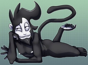 4_fingers 5_toes anthro arm_support arms_bent bent_legs biped black_body black_fur black_hair black_tail feet fingers fur green_background grey_eyes hair half-closed_eyes halftone_background humanoid_hands leaning_on_elbow long_tail looking_aside looking_away lying male narrowed_eyes nipples nude on_front one_calf_up outline pattern_background pose prehensile_feet raised_calf simple_background smile solo tail thinking thoughtful_expression toes toony tucked_arm white_body white_nipples white_skin greasedmonkey vince_(greasedmonkey) haplorhine mammal monkey primate 2015 digital_media_(artwork) full-length_portrait halftone pinup portrait