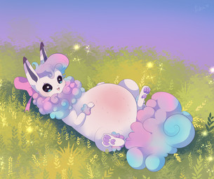 3_toes beady_eyes belly belly_blush bent_legs big_belly black_nose blue_body blue_eyes blue_freckles blue_fur blue_hair blue_sky blue_tail blush body_blush clear_sky curled_fur curled_tail curly_hair day dipstick_ears ear_markings fangs feet female feral fern freckled_face freckles fur grass grey_hair hair happy head_bow light long_ears lying lying_on_ground markings multicolored_body multicolored_ears multicolored_fur multicolored_hair multicolored_tail nude nude_female on_back on_ground open_mouth open_smile outside pawpads paws pink_bow pink_hair pink_tail pink_tongue plant pregnant pregnant_female pregnant_feral purple_ear_tips purple_pawpads quadruped relaxing short_hair sky small_nose smile solo tail teeth toes tongue white_body white_fur black_kitty nintendo pokemon eve_(pikemoo) fan_character eevee generation_1_pokemon pokemon_(species) 2023 colored digital_drawing_(artwork) digital_media_(artwork) english_description hi_res lighting shaded