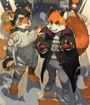 anthro black_hair clothing costume duo fur hair holidays looking_at_viewer male orange_body orange_fur tail white_body white_fur milkybot halloween juncos_(jayfeath3r) canid canine felid fox mammal pantherine tiger 2023 absurd_res hi_res