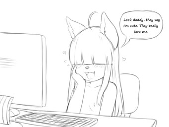 anthro breasts chair computer desk dialogue electronics female furniture hair heart_symbol hearts_around_body hearts_around_head loli nipples nude snaggle_tooth solo speech_bubble table text young young_anthro young_female vermelhatan shiny_(vermelhatan) canid canine fox mammal 4:3 english_text monochrome