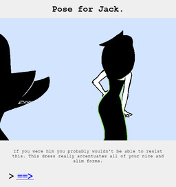 anthro black_body black_fur black_hair buckteeth butt clothed clothing dress duo eyewear female fur glasses hair hip_sway long_dress looking_at_another male male/female pixelated simple_background teeth text white_body white_eyes uglycoal homestuck ms_paint_adventures bec_noir jade_harley animated animated_comic comic digital_drawing_(artwork) digital_media_(artwork) english_text hi_res shaded simple_shading