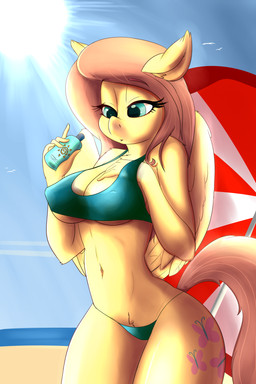 5_fingers anthro beach big_breasts bikini bottle breasts cleavage clothed clothing container cutie_mark erect_nipples eyebrow_through_hair eyebrows eyelashes feathered_wings feathers female fingers hair half-closed_eyes holding_object light narrowed_eyes navel nipples outside pink_hair pubes seaside sky solo standing stripes sun sunlight sunscreen swimwear teal_eyes thick_thighs translucent translucent_hair two-piece_swimsuit umbrella wings yellow_body yellow_feathers huckser friendship_is_magic hasbro my_little_pony mythology fluttershy_(mlp) equid equine mammal mythological_creature mythological_equine pegasus 2018 2:3 absurd_res hi_res portrait three-quarter_portrait