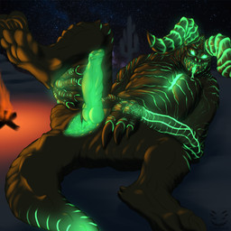 anus bodily_fluids campfire erection feet feral genital_fluids genitals glowing glowing_body glowing_genitalia holding_leg intersex knot looking_at_viewer lying maleherm on_back penis precum presenting presenting_anus presenting_penis presenting_vulva raised_leg solo spread_legs spread_vulva spreading tongue tongue_out unusual_anatomy unusual_genitalia unusual_penis unusual_vulva vulva corinoch_(artist) fallout microsoft deathclaw glowing_deathclaw scalie 1:1 hi_res
