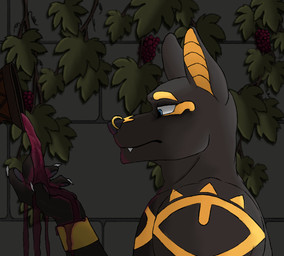 alcohol anthro beverage black_pawpads blue_eyes facial_piercing food fruit grape grapevine male markings nose_piercing nose_ring pawpads piercing plant ring_piercing solo spilling spilling_drink stone_wall vines wall_(structure) wine wine_bottle capt._speckles_(artist) adastra adastra_(series) echo_project neferu_(adastra) anubian_jackal canid canine canis jackal mammal