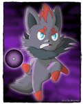 angry attack clenched_teeth feral male neck_tuft on_hind_legs purple_background red_paws shadow_ball simple_background solo teeth tuft zennybluegenesis nintendo pokemon generation_5_pokemon pokemon_(species) zorua digital_media_(artwork) digital_painting_(artwork) hi_res