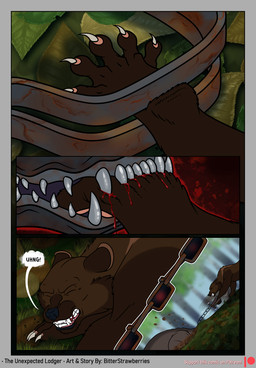 blood bodily_fluids chain claws clenched_teeth feral grass leaves_on_ground male outside plant teeth teeth_showing text trap_(contrivance) bitterstrawberries echo_(bitterstrawberries) husq_(bitterstrawberries) beaver fisher_(animal) gulonine mammal mustelid musteline rodent comic english_text hi_res