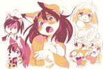 anthro black_hair blush bodily_fluids breasts clothed clothing covering covering_breasts covering_self embarrassed eyes_closed female feral fur group hair kemono male open_mouth orange_body orange_fur paws pink_body pink_fur red_eyes shirt simple_background tank_top tears tongue tongue_out topless topwear white_background mabo_(artist) canid canine canis domestic_dog fennec_fox fox lagomorph leporid mammal rabbit shiba_inu spitz true_fox 2016 restricted_palette