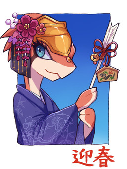 alternate_costume anthro arms_bent bell blue_background blue_clothing blue_eyes blue_robe border closed_smile clothed clothed_anthro clothed_female clothing egyptian egyptian_clothing egyptian_headdress eye_markings eyelashes female female_anthro flower flower_on_head glistening glistening_eyes headdress headgear holding_object looking_aside markings mouth_closed multicolored_body multicolored_skin nemes_(clothing) plant red_body red_skin robe sign simple_background smile solo tan_body tan_skin two_tone_body two_tone_skin white_border white_sclera rii ever_oasis nintendo miura drauk scalie 2025 3:4 digital_media_(artwork) half-length_portrait hi_res portrait shaded