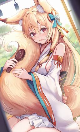 accessory armwear asian_clothing blonde_hair blush bodily_fluids brush clothing detached_sleeves dutch_angle east_asian_clothing eyebrow_through_hair eyebrows female hair hair_accessory hairbrush holding_tail inner_ear_fluff japanese_clothing kneeling obi open_mouth red_eyes solo sweat sweatdrop tail translucent translucent_hair tuft sakura_ani animal_humanoid canid canid_humanoid canine canine_humanoid fox_humanoid humanoid mammal mammal_humanoid 2026 hi_res