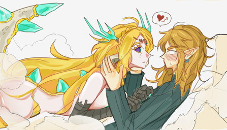 alternate_form animal_ears antlers bed big_tail biped blonde_eyebrows blonde_eyelashes blonde_hair blush blush_lines blushing_profusely breasts butt claws clothed clothed_humanoid clothed_male clothing countershade_tail countershading crystal duo ear_piercing ear_ring eye_contact eyebrows eyelashes female female_humanoid furniture grey_body grey_scales hair heart_symbol horn humanoid_on_humanoid humanoidized long_hair long_tail looking_at_another looking_at_partner male male/female male_humanoid nude nude_female nude_humanoid on_bed piercing pointy_ears pupils purple_sclera ring_piercing scales side_view simple_background speech_bubble tail tan_body tan_breasts tan_butt tan_skin teal_claws teal_eyes white_background white_body white_scales vvmorivv mythology nintendo tears_of_the_kingdom the_legend_of_zelda light_dragon_(totk) link princess_zelda animal_humanoid dragon dragon_humanoid humanoid hybrid hylian mythological_creature mythological_scalie scalie wingless_dragon 2025 digital_drawing_(artwork) digital_media_(artwork) hi_res signature