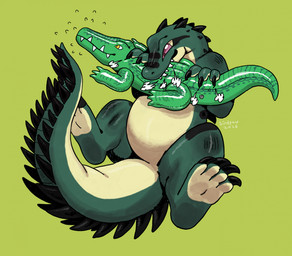 ambiguous_anthro ambiguous_gender anthro belly biting_object black_claws black_spikes claws countershade_face countershade_feet countershade_tail countershade_torso countershading feet green_body head_spikes holding_pool_toy neck_spikes pink_eyes pool_toy pool_toy_bite semi-anthro sharp_teeth slightly_chubby slightly_chubby_ambiguous slightly_chubby_anthro solo spiked_tail spikes spikes_(anatomy) sweatrop tail teeth text toe_claws yellow_belly yellow_body yellow_countershading yellow_eyes yellow_feet yellow_sclera yellow_tail birdpaw_(artist) alligator alligatorid crocodile crocodilian reptile scalie 2026 artist_name dated digital_drawing_(artwork) digital_media_(artwork) full-length_portrait hi_res portrait