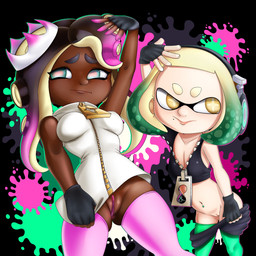 black_background black_bottomwear black_clothing black_gloves black_hair black_handwear black_shorts black_topwear blonde_hair bottomwear bottomwear_down breasts clothed clothing cross_pupils crown dark_body dark_skin duo electronics eyelashes female fingerless_gloves front_view genitals gloves green_clothing green_eyes green_hair green_legwear green_thigh_highs hair handwear headgear headphones horizontal_pupils legwear long_hair mole_under_mouth multicolored_hair navel navel_piercing no_underwear partially_clothed piercing pink_clothing pink_hair pink_legwear pink_thigh_highs pseudo_hair pupils shorts shorts_down simple_background tan_body tan_skin tentacle_hair tentacles thick_thighs thigh_highs topwear two_tone_hair upskirt vulva white_clothing wide_hips yellow_eyes zipper rasenxoru nintendo splatoon marina_(splatoon) pearl_(splatoon) animal_humanoid aquatic aquatic_humanoid cephalopod cephalopod_humanoid humanoid inkling mollusk mollusk_humanoid octarian octoling octopus_humanoid squid_humanoid 1:1 hi_res